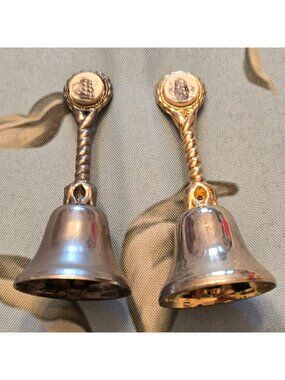 Pair Of Vintage Nautical-Themed Silver & Gold Bells With Ship Design Handles JH8